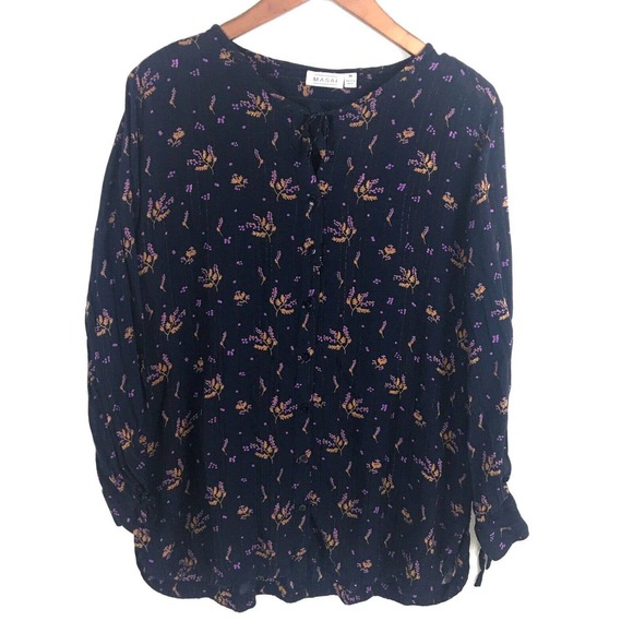 Masai Womens Top Medium Blue Floral Chiffon Blouse Metallic Long Sleeve Flowy - Picture 1 of 12